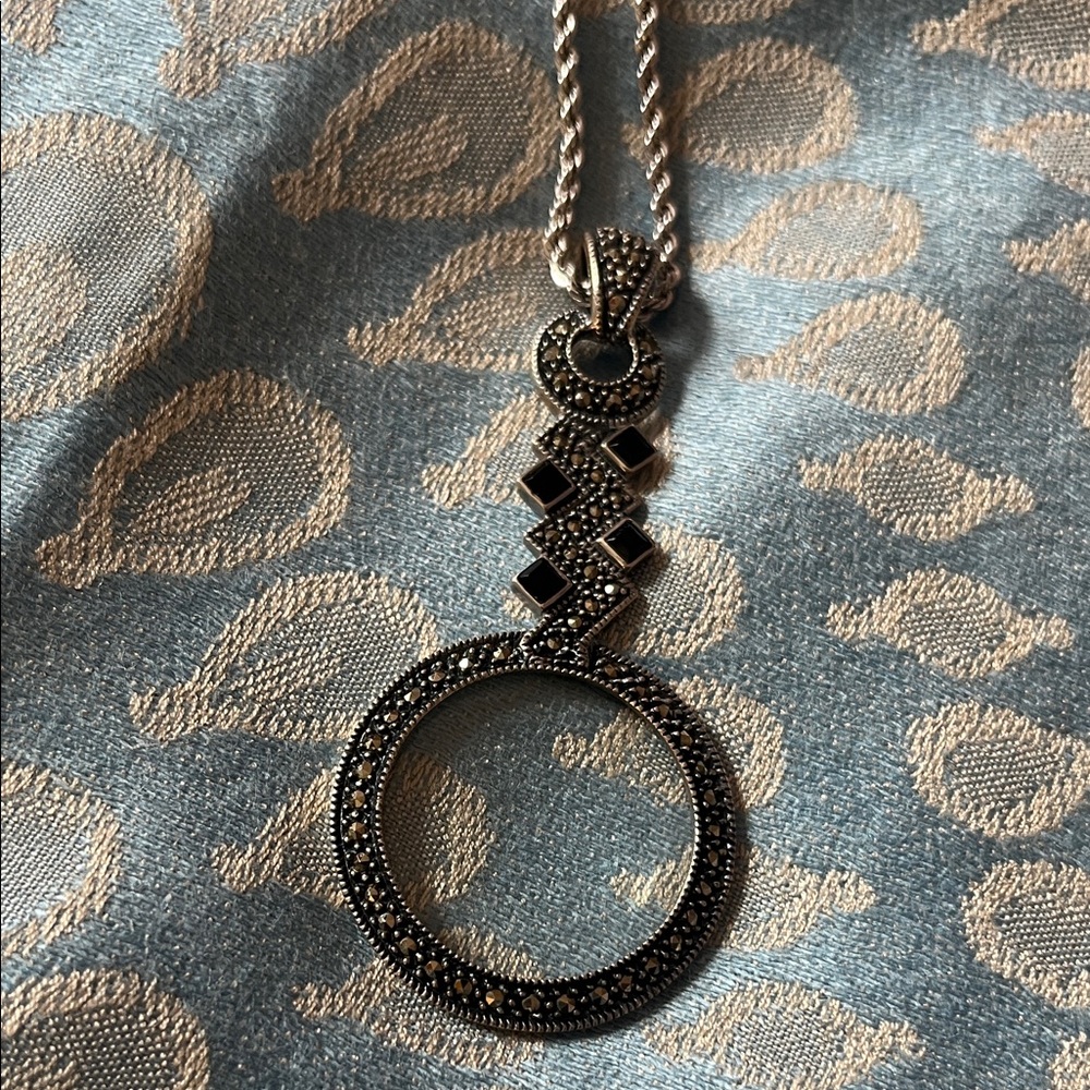 Sterling Silver Marcasite Circle Pendant Necklace - Silver